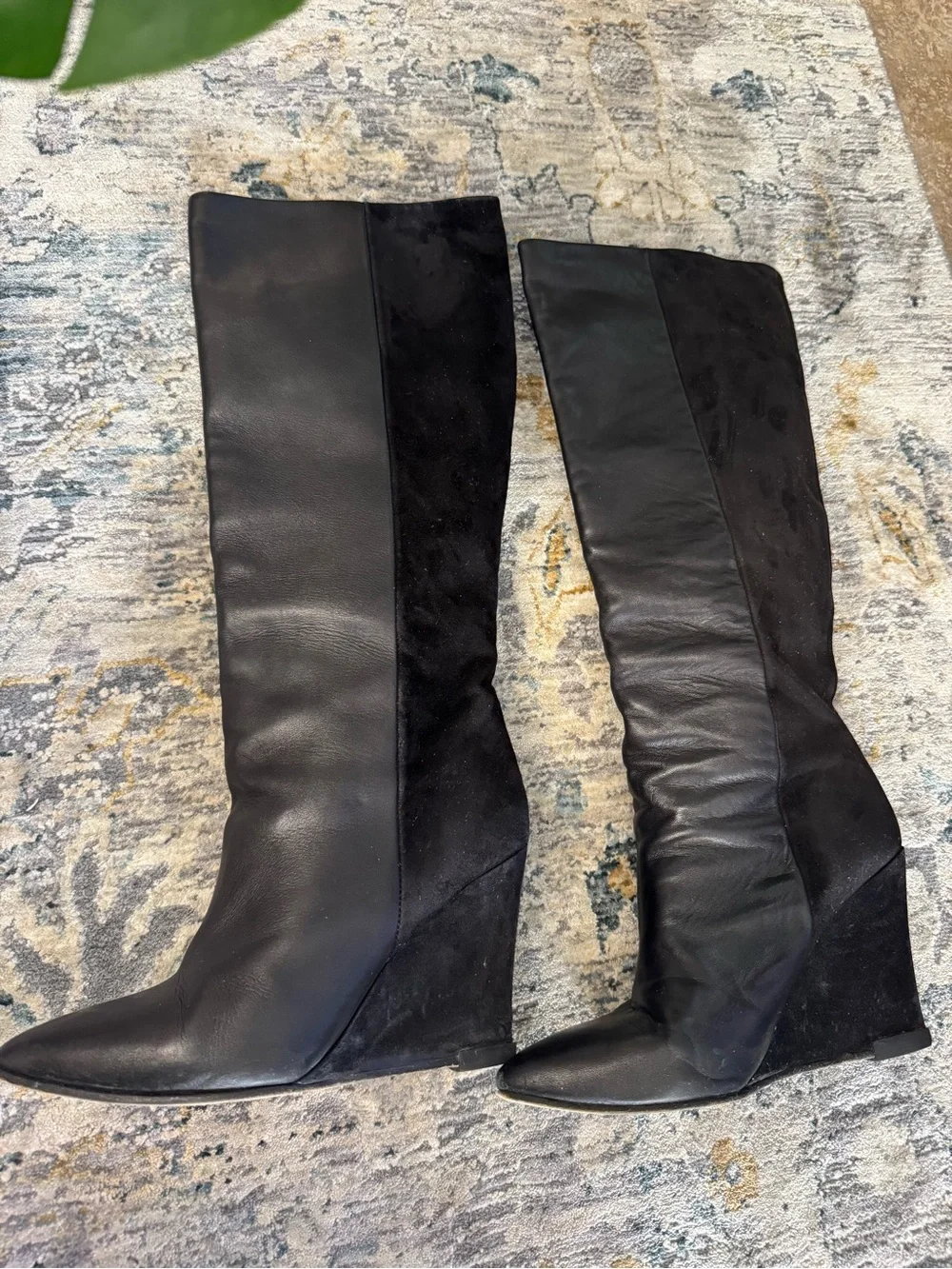 All Saints Black Leather and Suede Over-the-Knee Wedge Boots